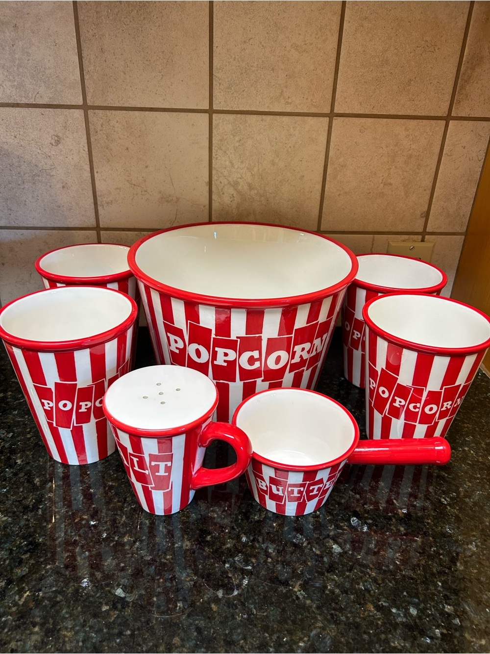 Certified International Red and White Ceramic Popcorn Serveware Set 7 pieces